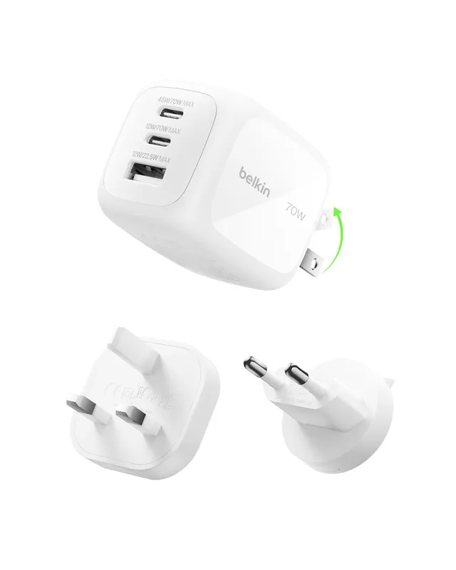 belkin-chargeur-gan-70w-3-ports-2-usb-c-pd-pps-usb-a-avec-fiches-ue-r-u-u-rechar image 1