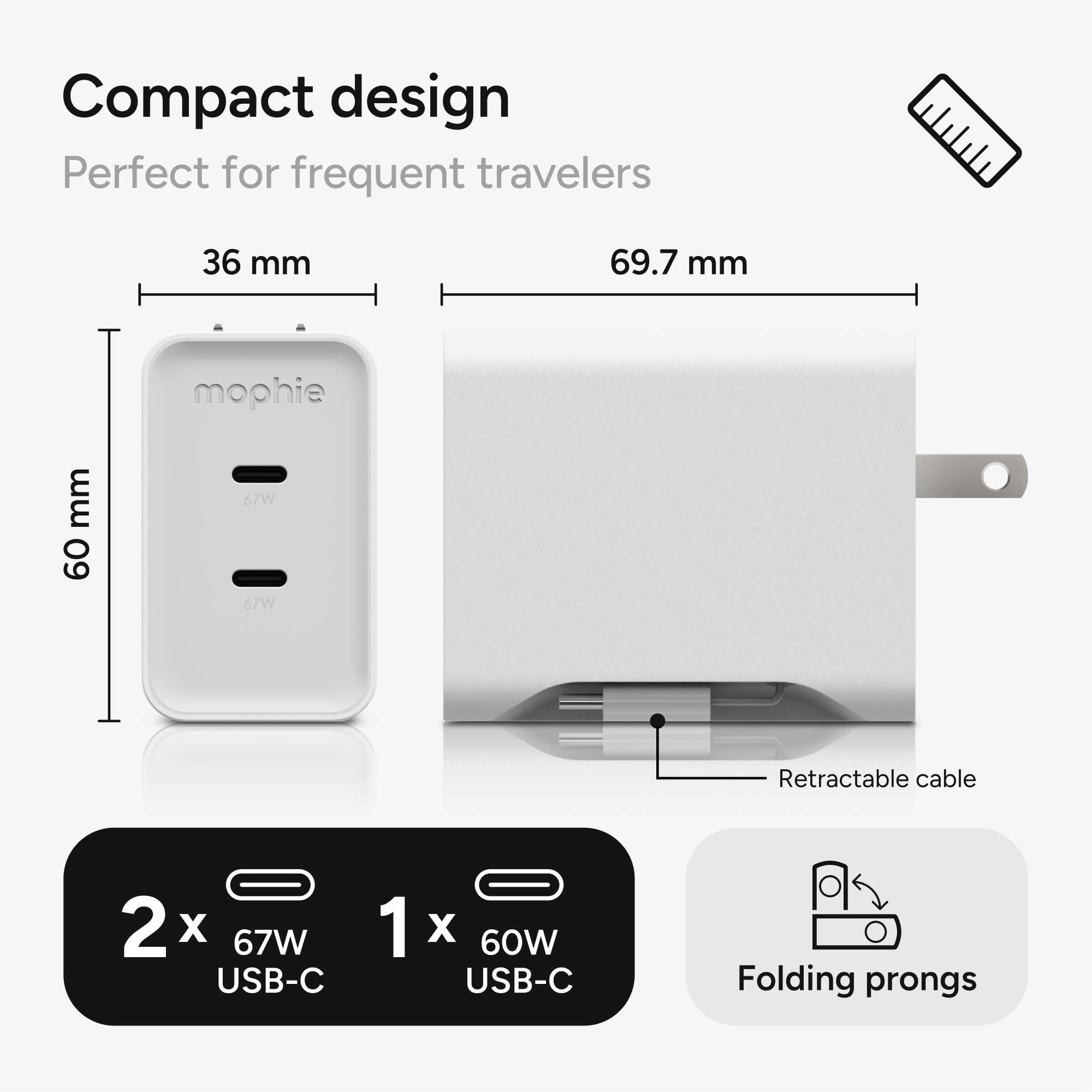 mophie-speedport-67w-chargeur-secteur-gan-avec-2-ports-usb-c-et-c-ble-r-tractabl image 4