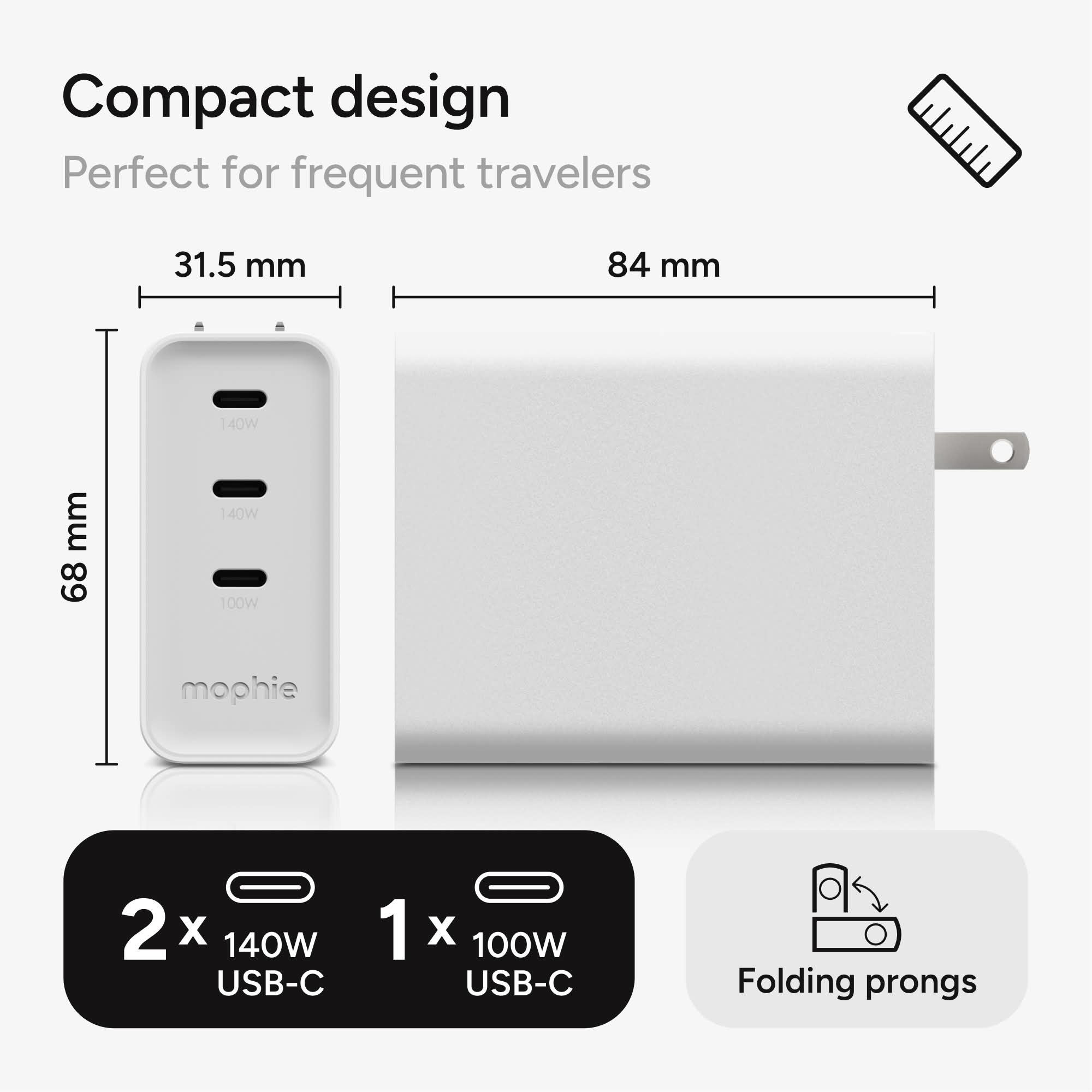 mophie-speedport-140w-chargeur-mural-3-ports-usb-c-gan-jusqu-140w-pour-macbook-p image 4