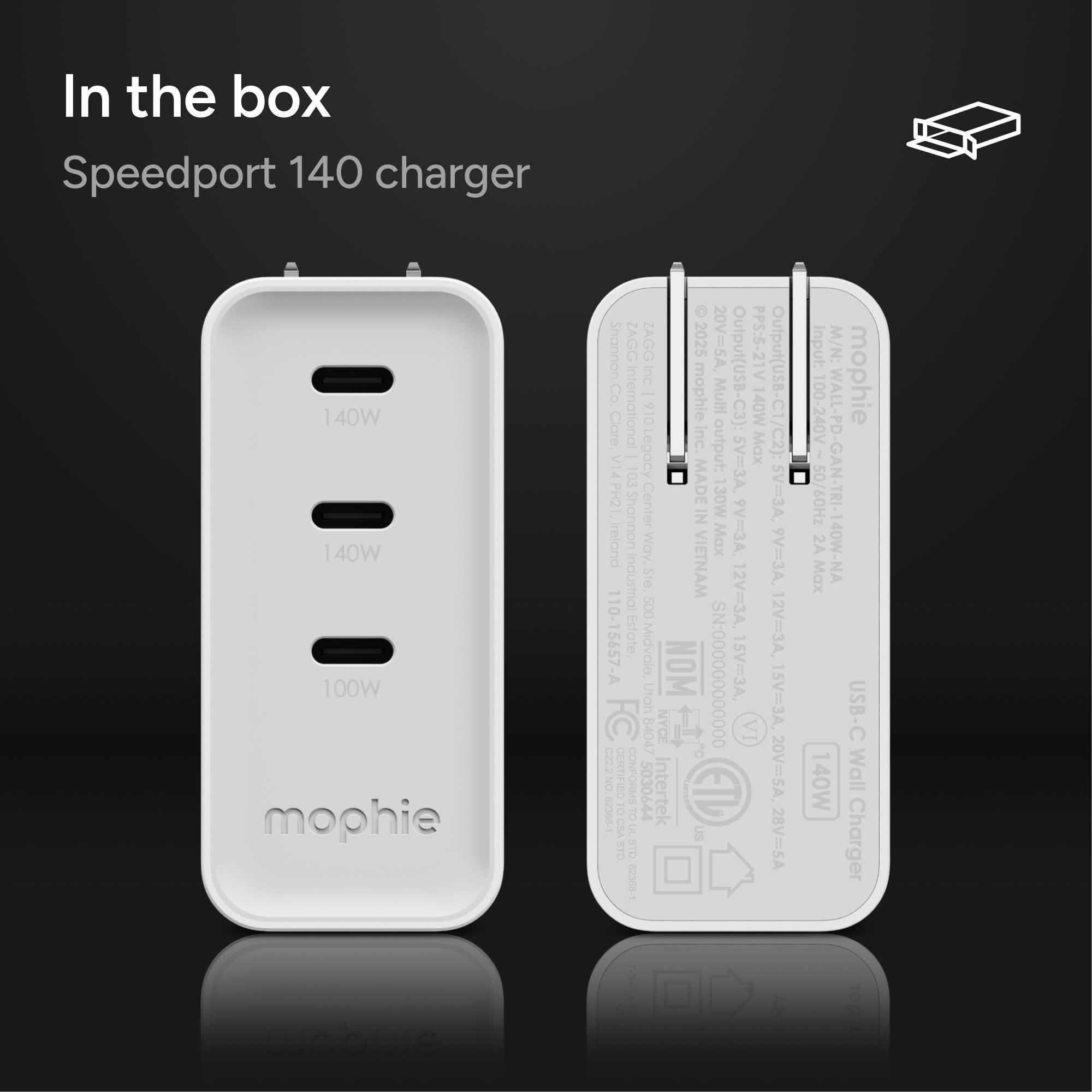 mophie-speedport-140w-chargeur-mural-3-ports-usb-c-gan-jusqu-140w-pour-macbook-p image 6
