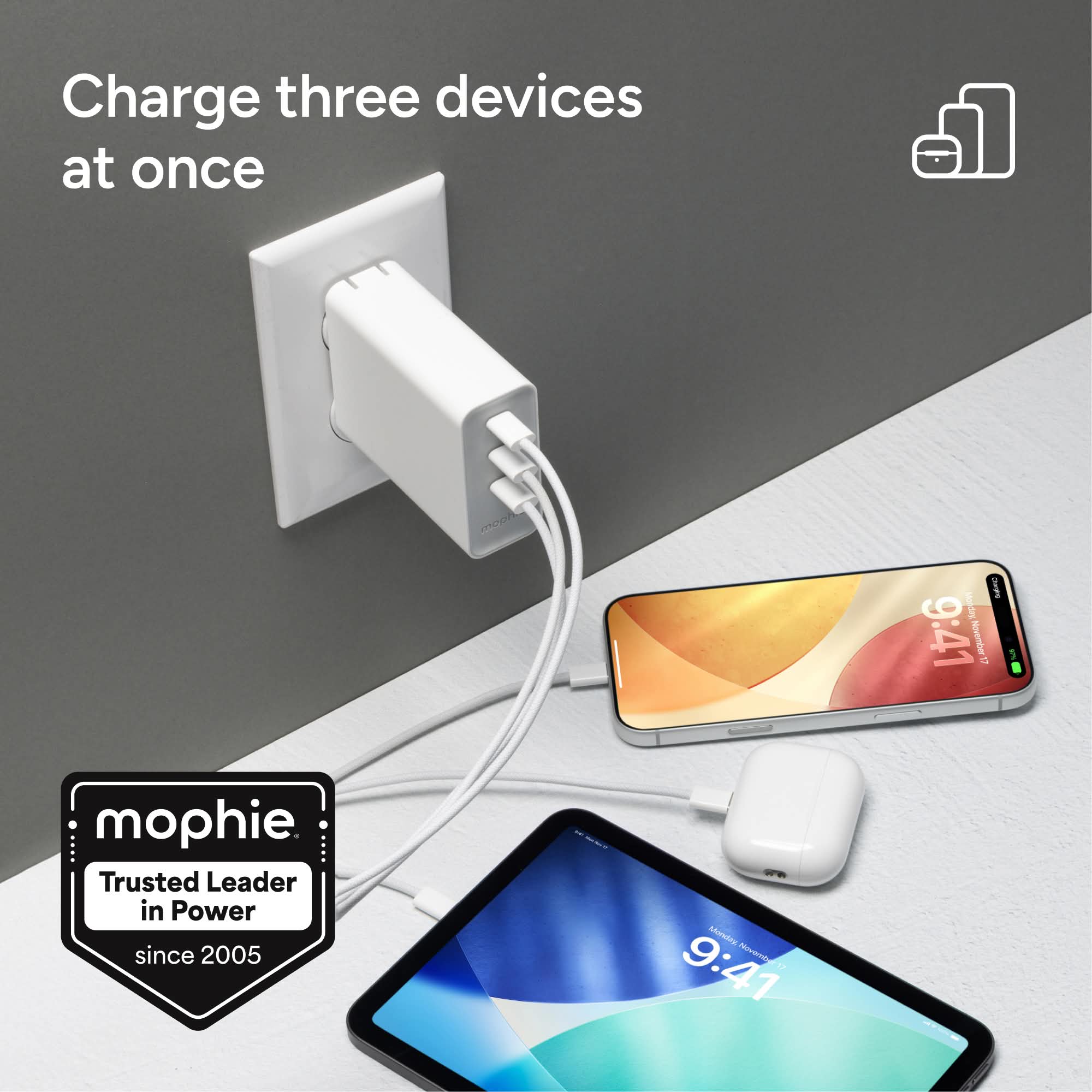 mophie-speedport-140w-chargeur-mural-3-ports-usb-c-gan-jusqu-140w-pour-macbook-p image 2