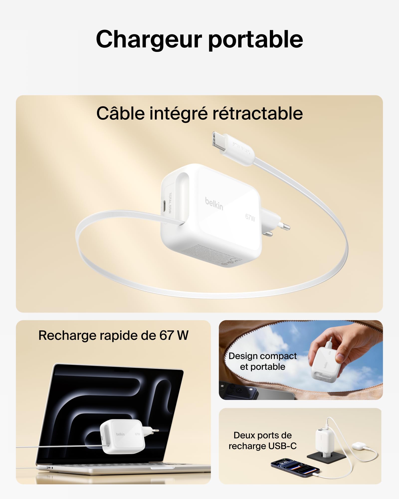 belkin-ultracharge-chargeur-gan-usb-c-45-w-avec-c-ble-r-tractable-80-cm-et-port- image 2